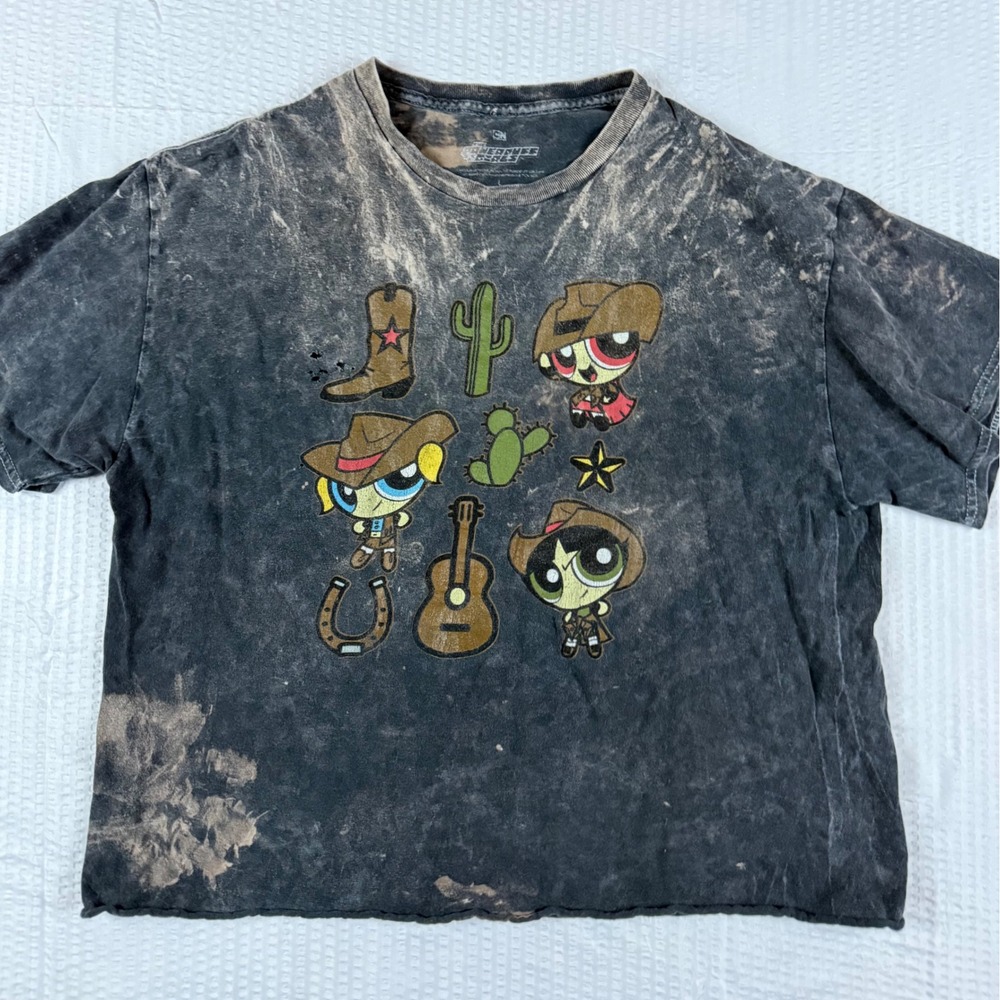 Powerpuff Girls Western Cowboy Acid Wash Cropped Graphic T-Shirt Large Gray